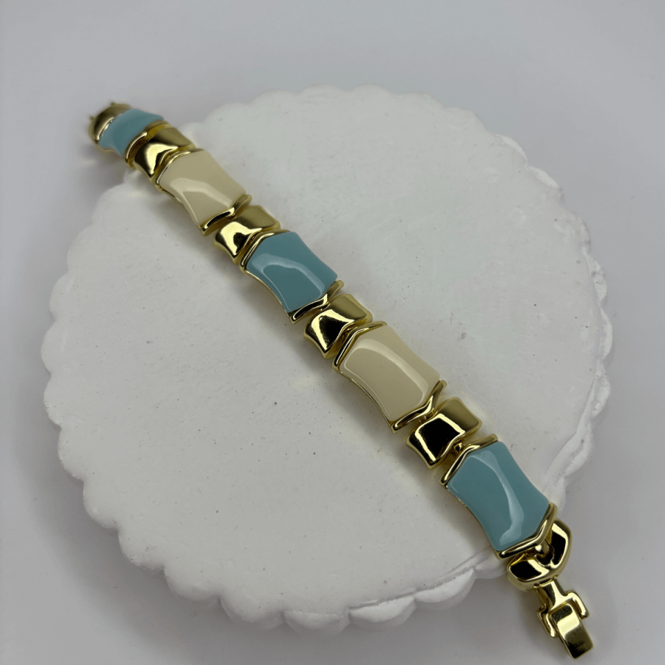 Mavi ve Krem Renkli Altın Detaylı Kemikli Bileklik