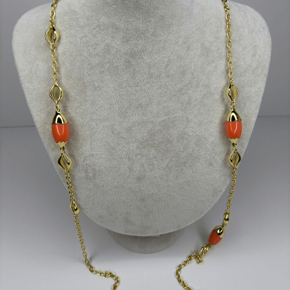 Turuncu Tonlarında Parlak Uzun Zincirli Gold Kolye