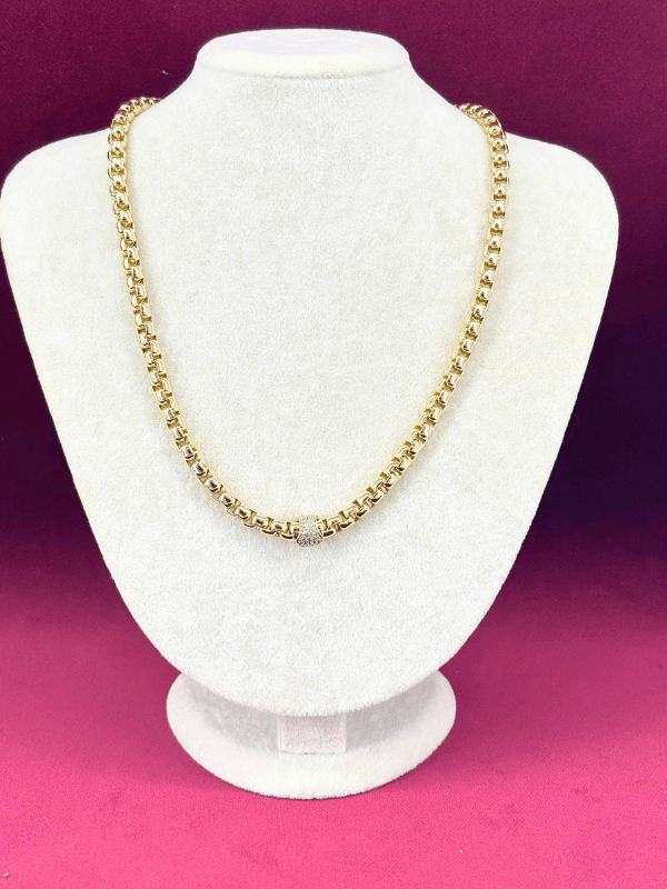 Silindir Şekilli Taşlı ve Kalın Zincirli Gold Kolye