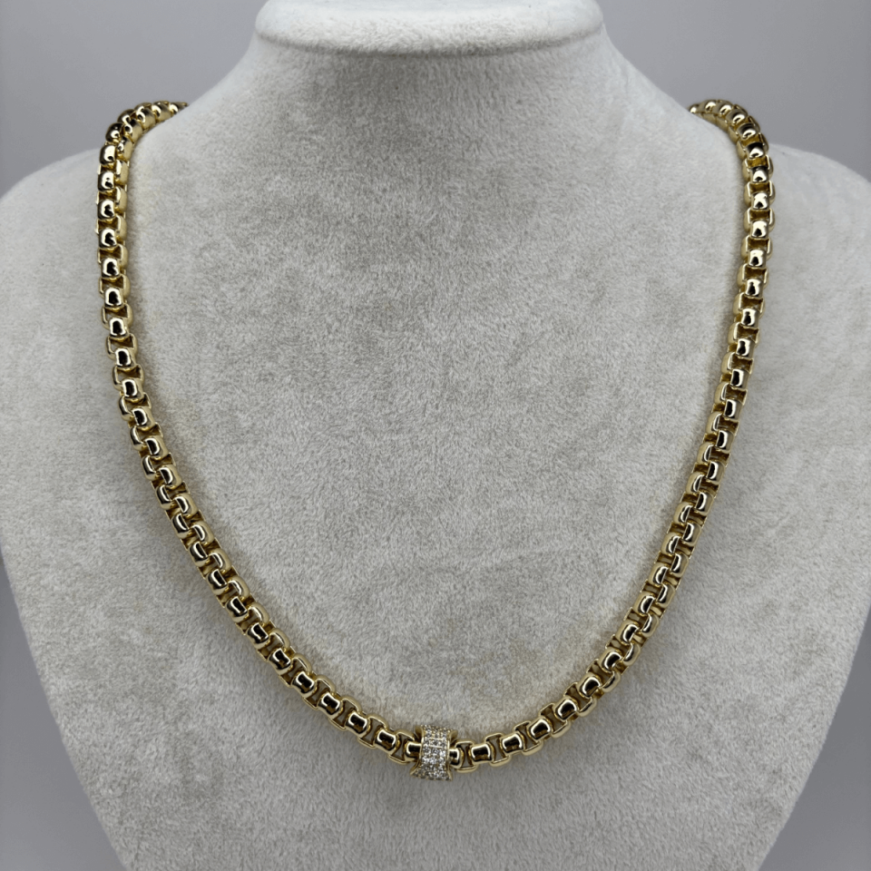 Silindir Şekilli Taşlı ve Kalın Zincirli Gold Kolye