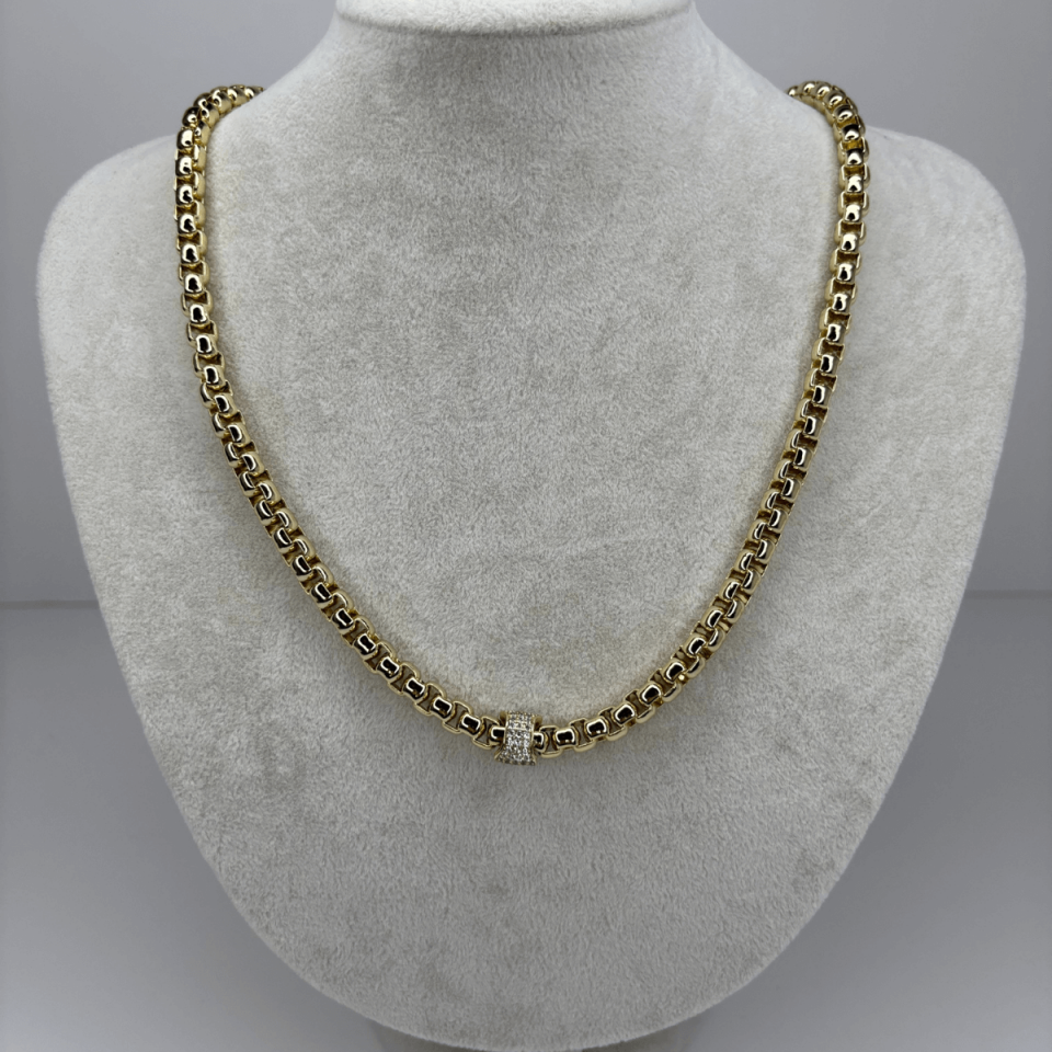 Silindir Şekilli Taşlı ve Kalın Zincirli Gold Kolye