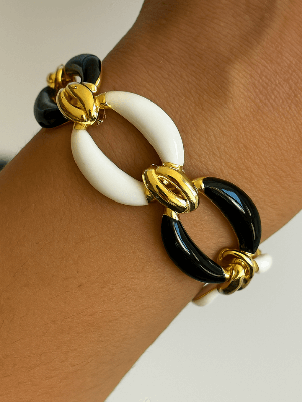 Siyah Beyaz Renkli Altın Detaylı Halka Şekilli Gold İthal Bileklik