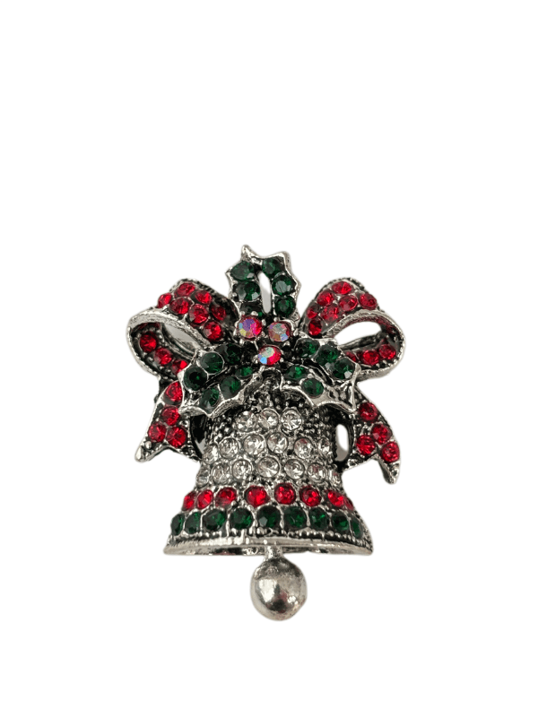 Kurdele Detaylı Renkli Parlak Taşlı Yılbaşı Çanı Figürlü Silver  Broş