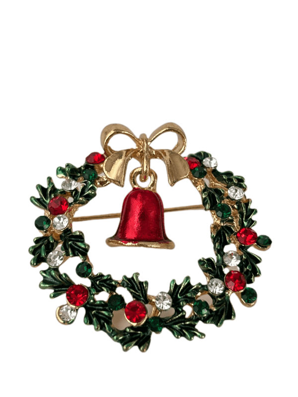 Kırmızı Zil  Detaylı Parlak Taşlı  Yıbaşı Çelenk Figürlü Gold Broş