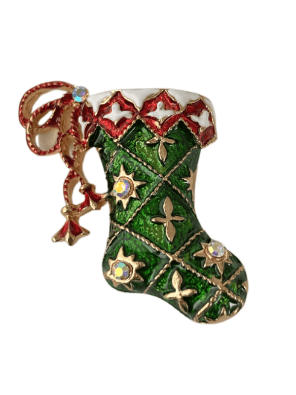 Yeşil Renkli Parlak Taşlı Yılbaşı Çorap Figürlü Gold Broş