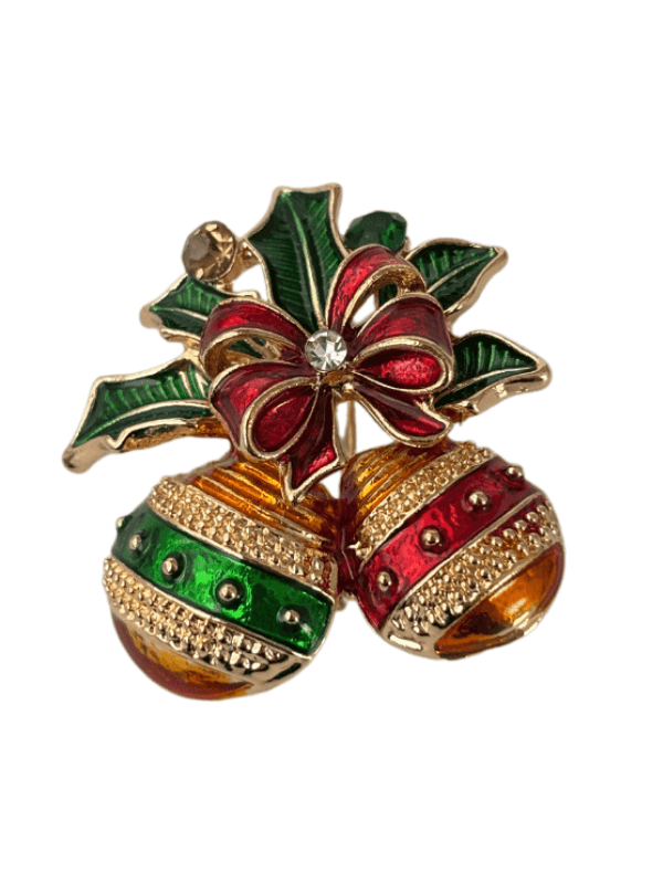 Kurdela Detaylı Renkli Parlak Taşlı Yılbaşı Topları Gold  Broş