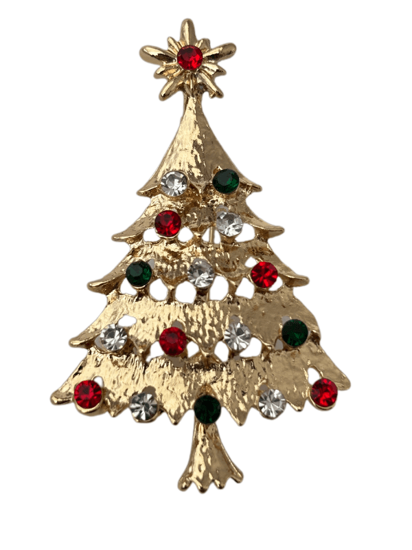 Renkli Parlak Taşlı Yılbaşı Ağacı Figürlü Gold Broş