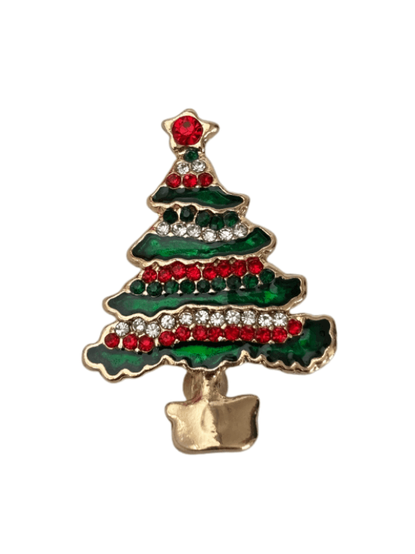 Kırmızı ve Yeşil Renkli Parlak Taşlı Yılbaşı Ağacı Gold  Broş