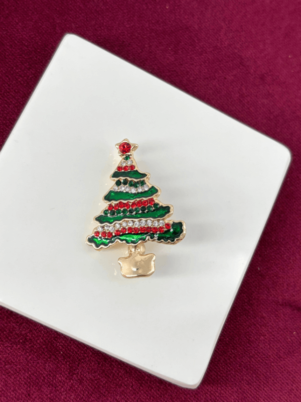 Kırmızı ve Yeşil Renkli Parlak Taşlı Yılbaşı Ağacı Gold  Broş