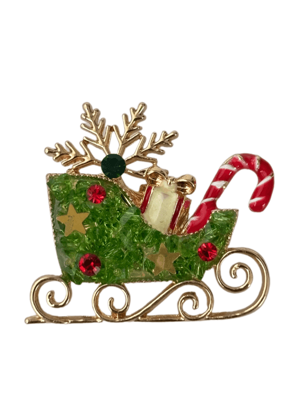 Yeşil Renkli ve Parlak Taşlı Yılbaşı Kızak Figürlü Gold Broş