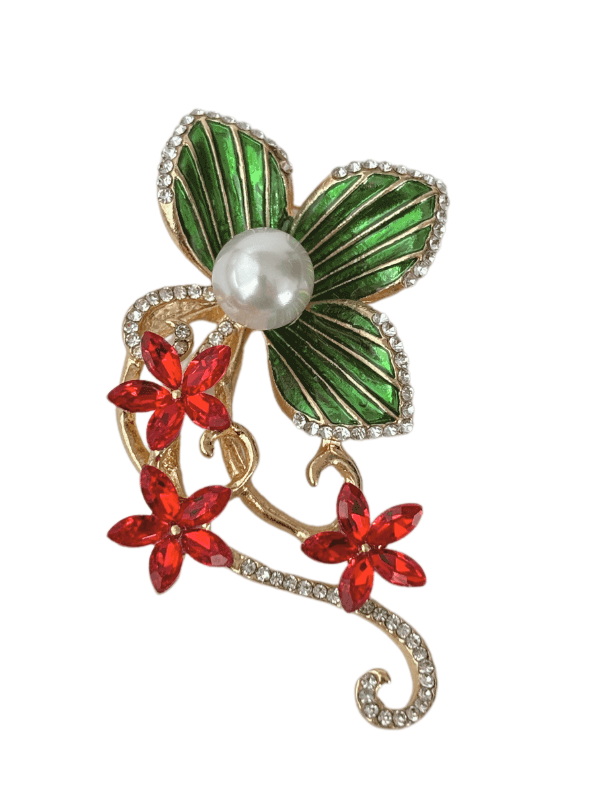 Zümrüt Yeşili ve Kırmızı Çiçekli İnci ve Taş Detaylı Gold Broş