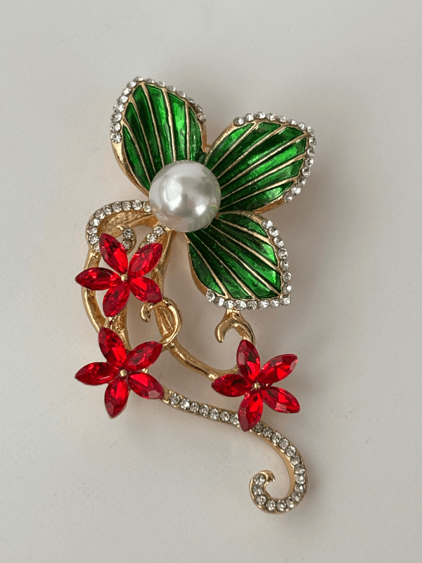 Zümrüt Yeşili ve Kırmızı Çiçekli İnci ve Taş Detaylı Gold Broş