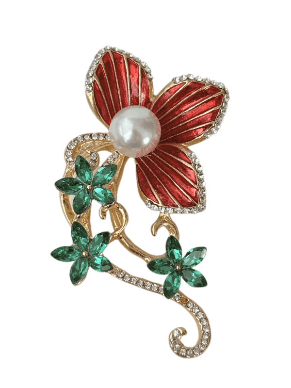 Kımızı ve Zümrüt Yeşili Çiçekli İnci ve Taş Detaylı Gold Broş