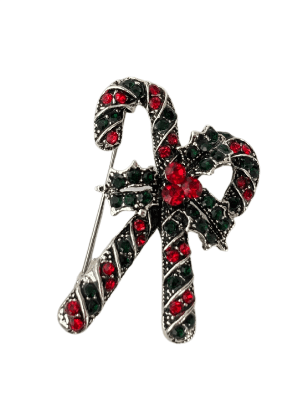 Kırımızı ve Yeşil Parlak Taşlı Baston Şeker Figürlü Silver Broş