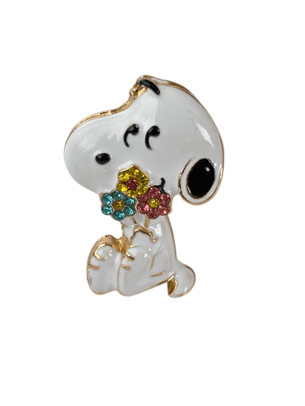Snoopy Figürlü Renkli Çiçekli Gold Broş