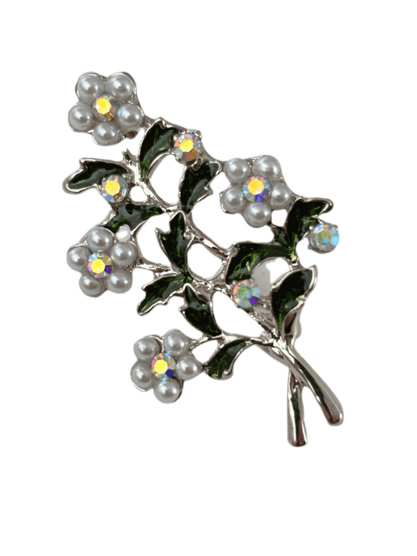 Yeşil Yapraklı Beyaz İnci ve Taş Detaylı Çiçekli Silver Broş