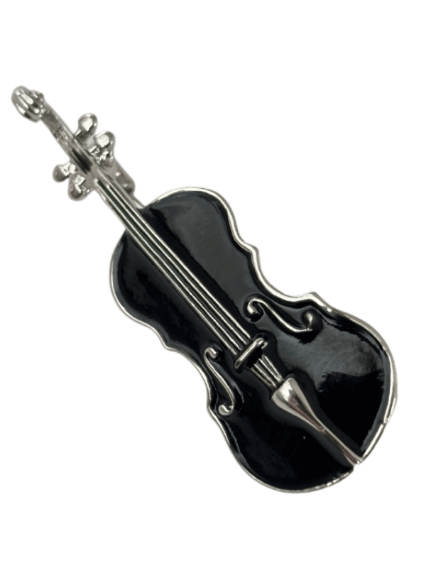 Siyah ve Gümüş Renklerinde Keman Figürlü Silver Broş