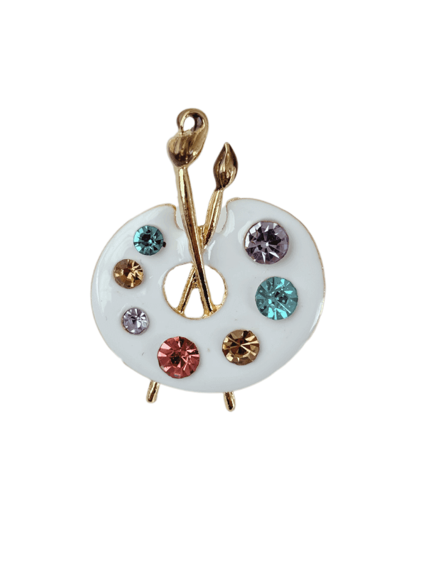 Beyaz Renkli Rengarenk Taşlı Resim Paleti figürlü Gold Broş