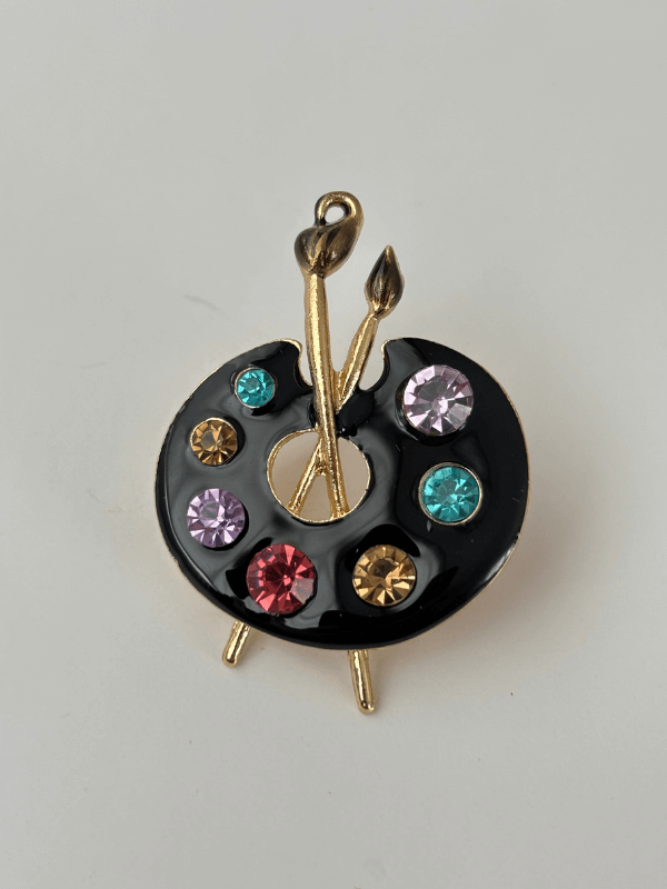 Siyah Renkli Rengarenk Taşlı Resim Paleti figürlü Gold Broş
