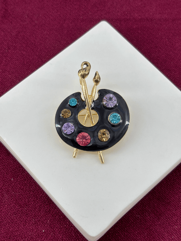 Siyah Renkli Rengarenk Taşlı Resim Paleti figürlü Gold Broş