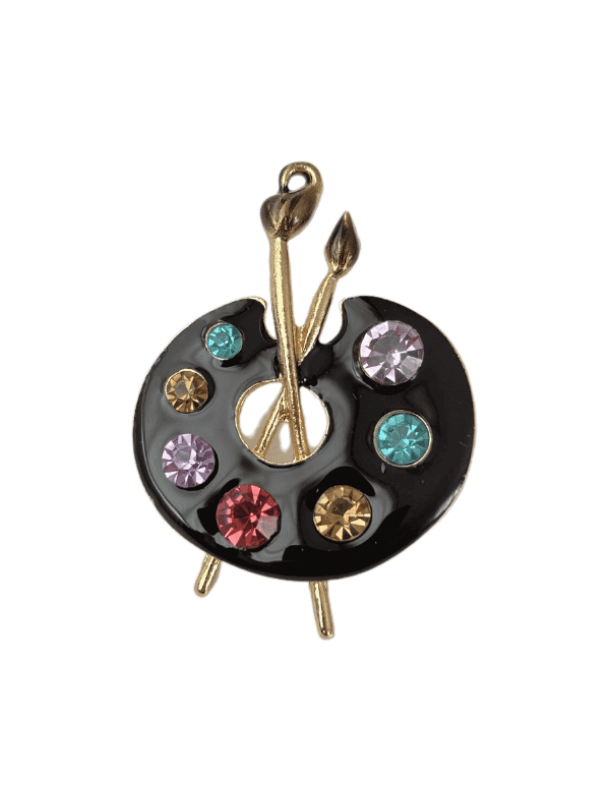 Siyah Renkli Rengarenk Taşlı Resim Paleti figürlü Gold Broş