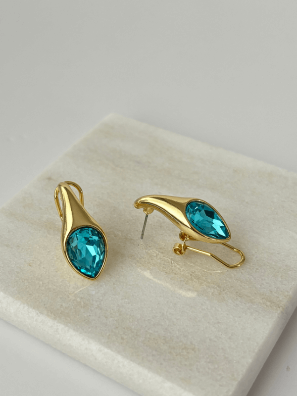 Kahverengi ve Mavi Renklerinde Parlak Taşlı Gold Küpe