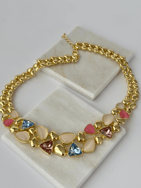 Rengarenk Parlak Geometrik Şekilli Gold Kalın Kolye