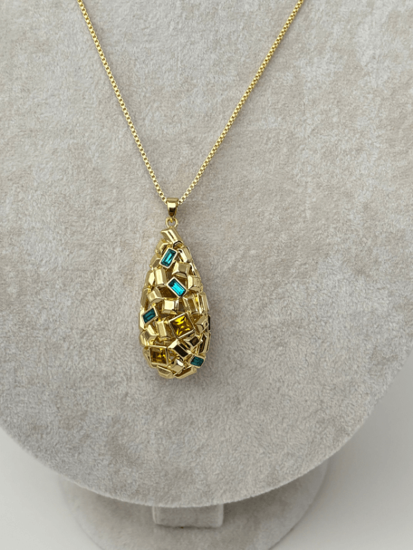 Damla ve Dikdörtgen Şekilli Mavi ve Altın Renkli Kolye