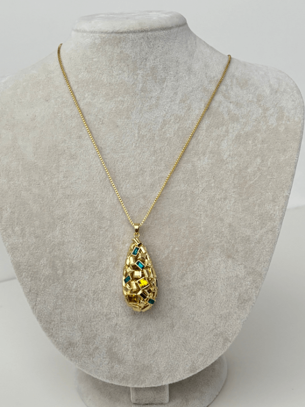 Damla ve Dikdörtgen Şekilli Mavi ve Altın Renkli Kolye