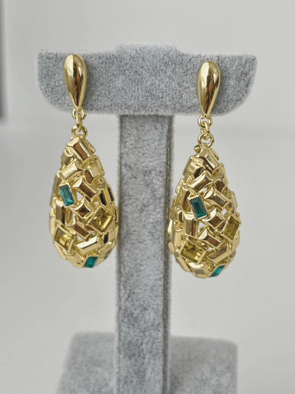 Damla ve Dikdörtgen Şekilli Mavi ve Altın Renkli Küpe