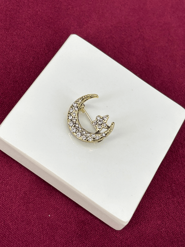 Gümüş Taşlı Ay-Yıldız Figürlü Gold Broş