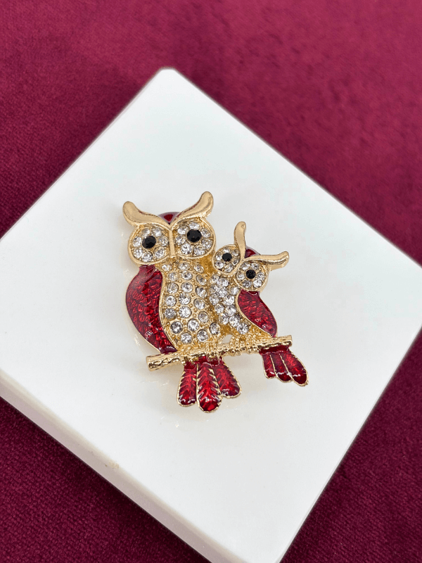 Kırmızı ve Gümüş Taşlı İkili Baykuş Figürlü Gold Broş
