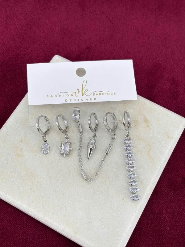 Parlak Taş Detaylı Altılı Set Silver Küpe