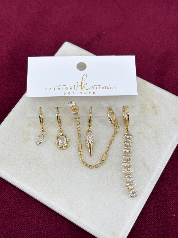 Parlak Taş Detaylı Altılı Set Gold Küpe