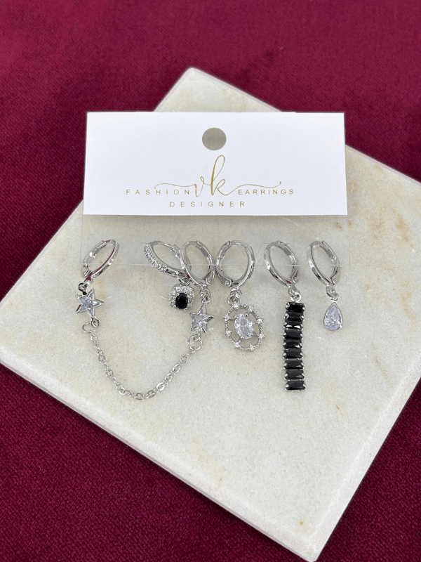 Parlak Taş Detaylı Siyah Renkli Geometrik Altılı Set Silver Küpe