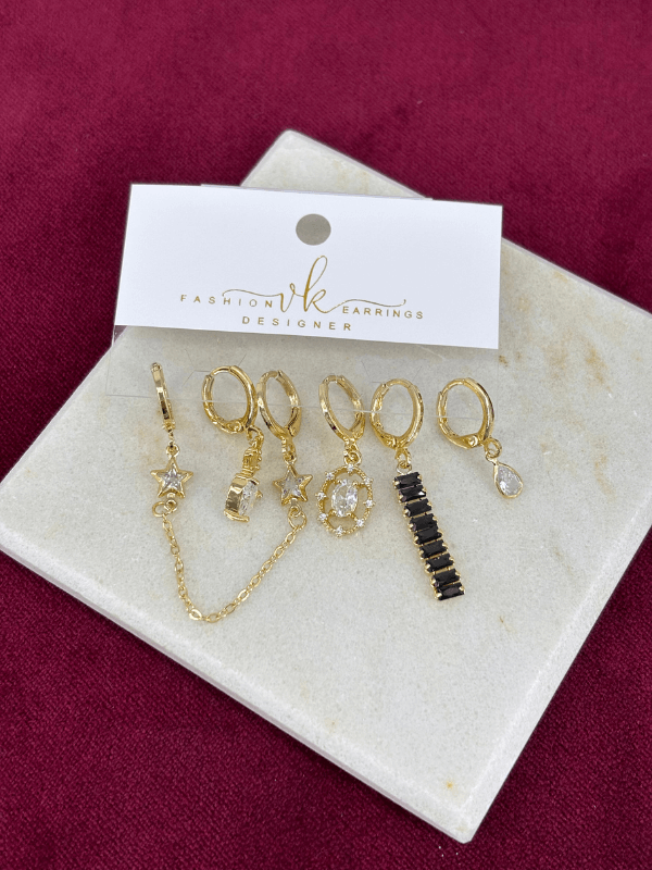 Parlak Taş Detaylı Siyah Renkli Geometrik Altılı Set Gold Küpe